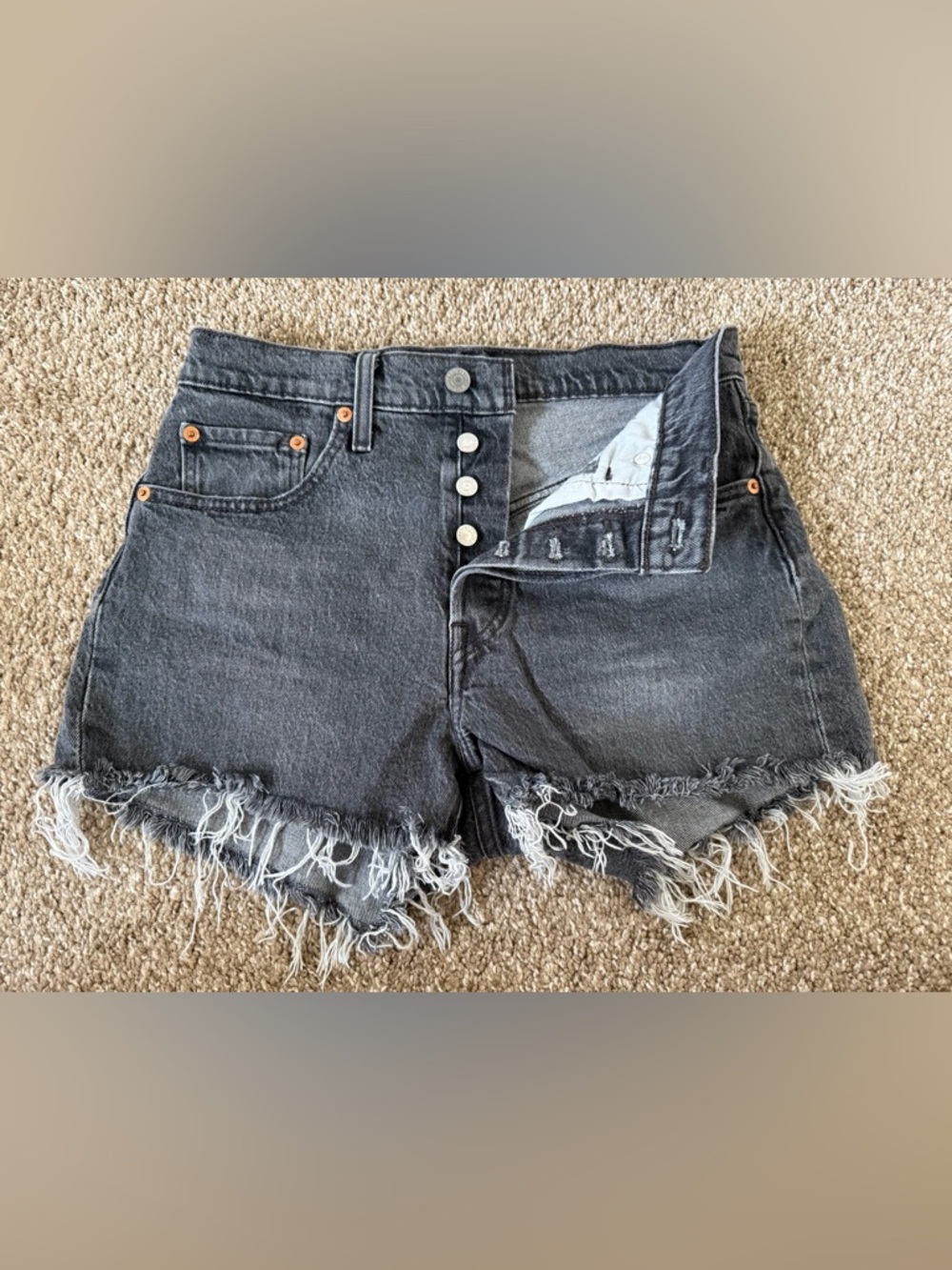 LEVI’S 501 High-Rise Black Frayed Hem Denim Shorts